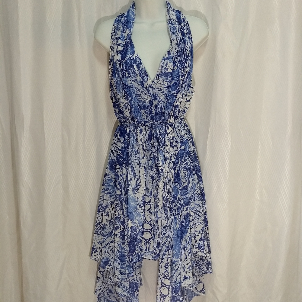 Ark & Co. Intricately Draped Polyester Dress, Blue/White Abstract Print, Size M